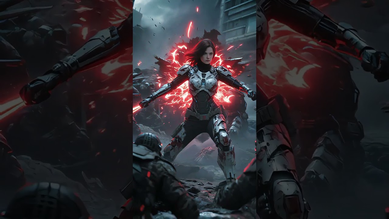 A beautiful female bionic captain with cuts and bruises all over her body and a damaged battle armor