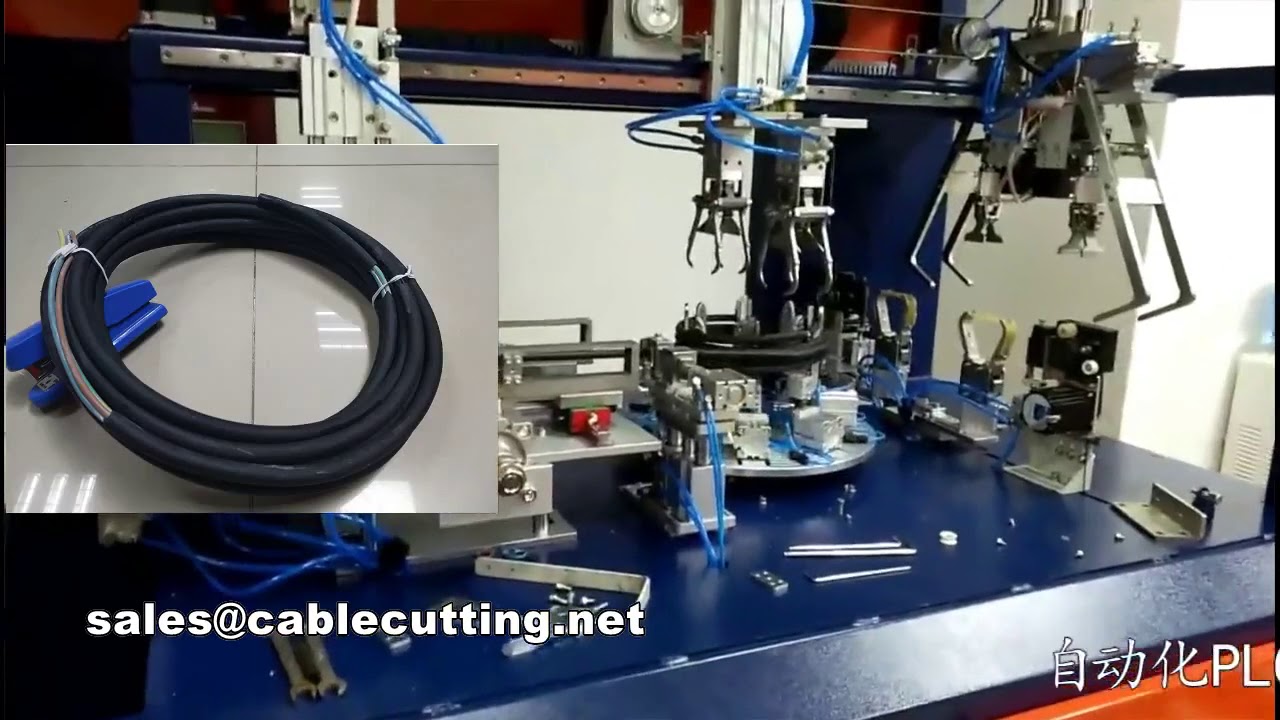 Full automatic cable wire cutting stripping winding coiling and tying bundling machine